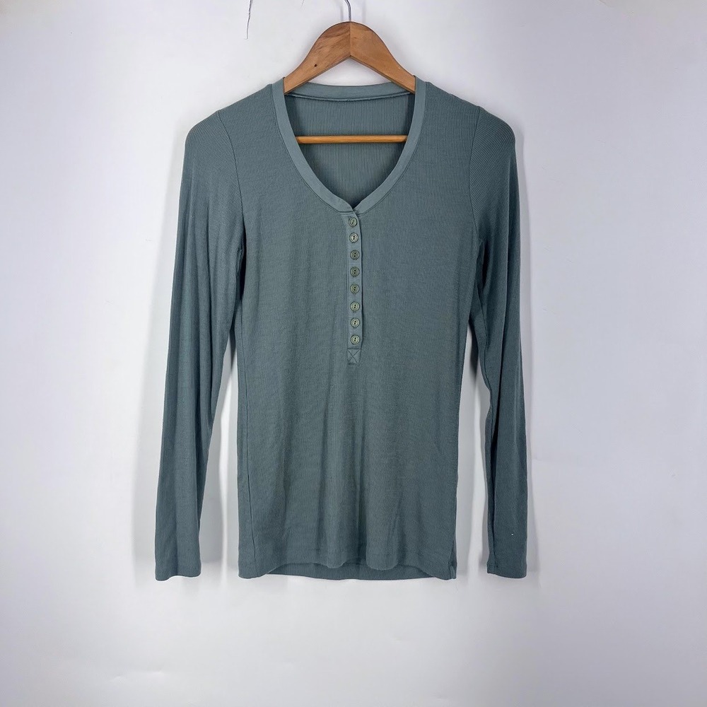 Woolx Reese Merino Wool Henley Top Sage Green Ribbed Long Sleeve Small